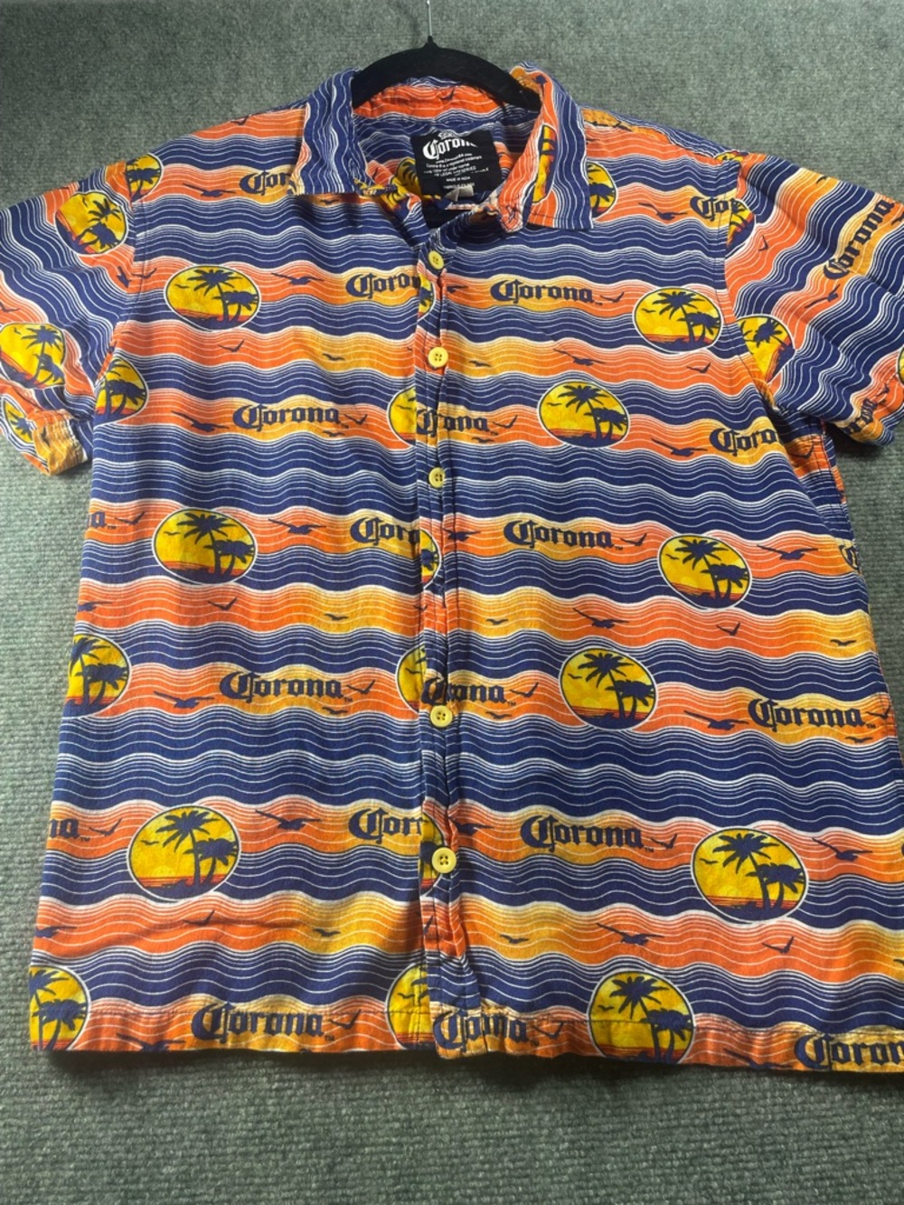 Corona Short Sleeve Button-Down Shirt in Blue, Orange & Yellow Sunset Print